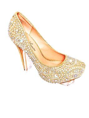 LAUREN LORRAINE CRYSTAL GOLD CINDERELLA BLING CRYSTAL HIGH HEEL SHOES - SIZE 7